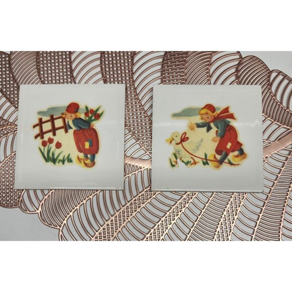 Dutch Child Wall Hanging Decorative Tiles Tulips Duck Decal Ceramic VTG Set - Picture 1 of 8